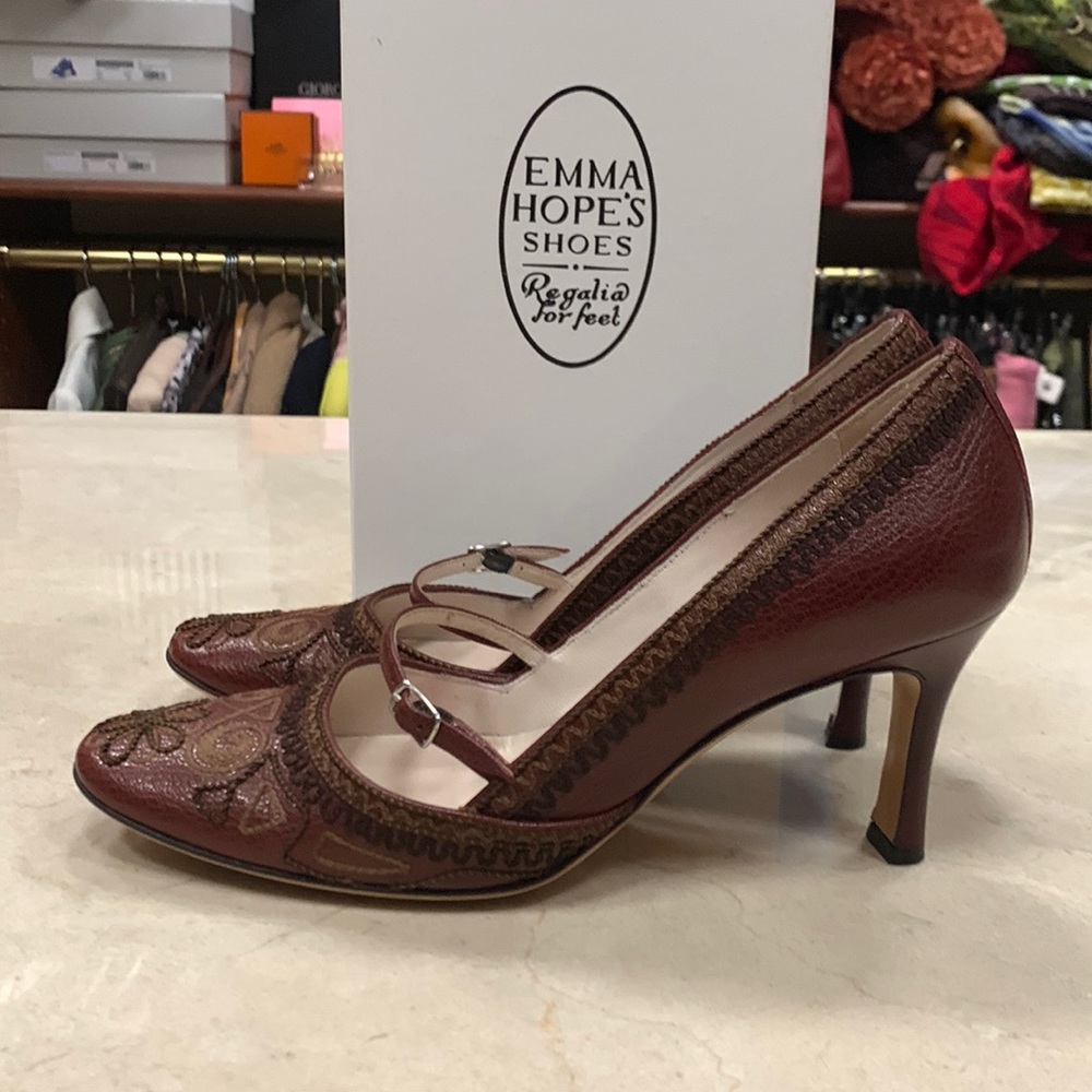 LIKE NEW EMMA HOPE EMBROIDERED MARY JANE PUMP BROWN MULTI LEATHER HAND MADE 7.5